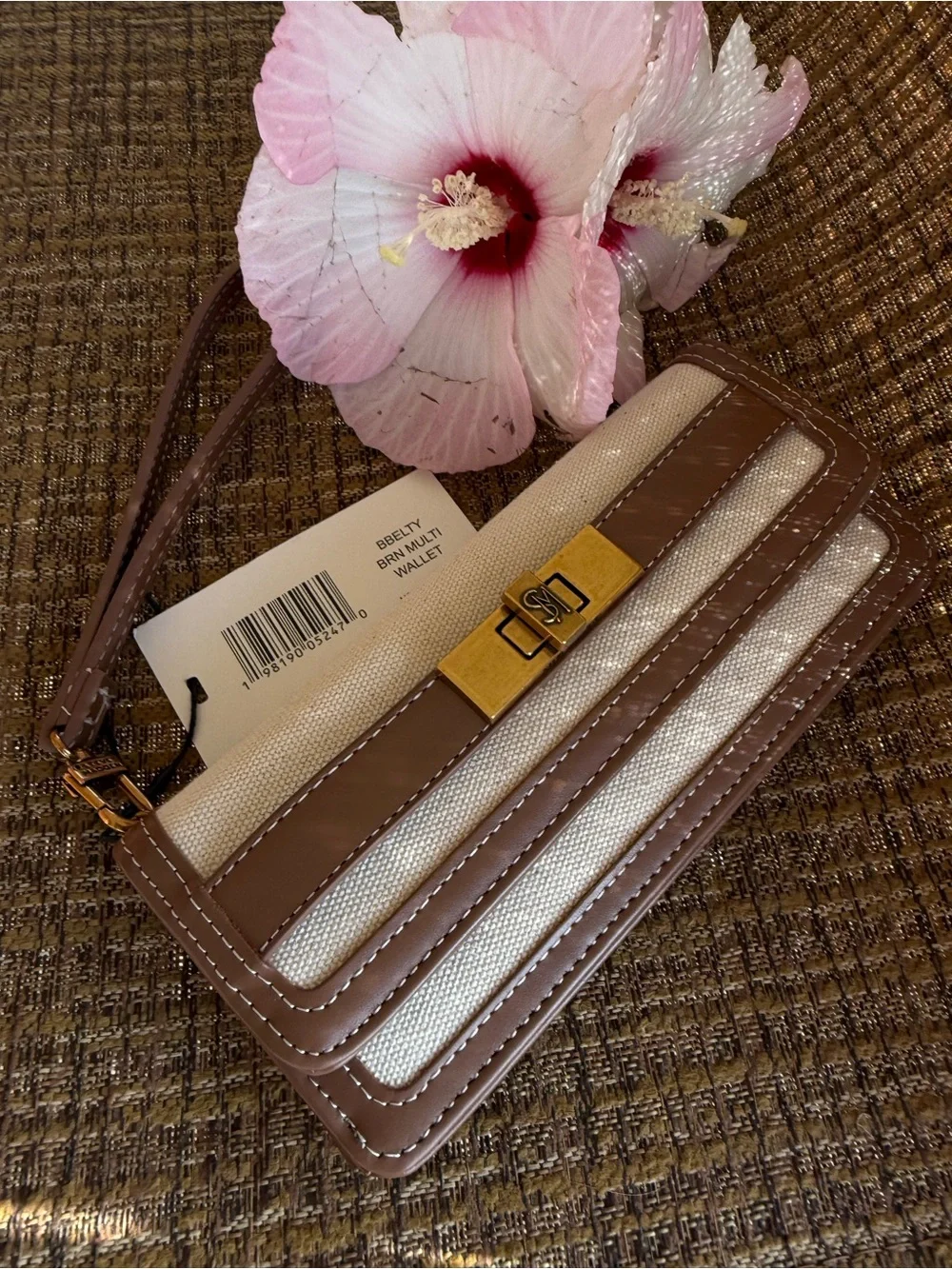 Steve Madden Beige and Taupe Canvas Wristlet with Unique Gold Accent Hardwares
